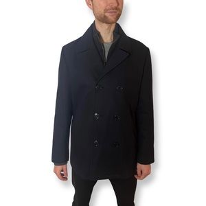 Kenneth Cole Men's Navy Double Breasted Wool Blend Peacoat With Removable Bib